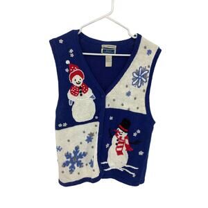Bryn Connelly Hand Embroidered Cotton Blend Blue Holidays Vest Size L